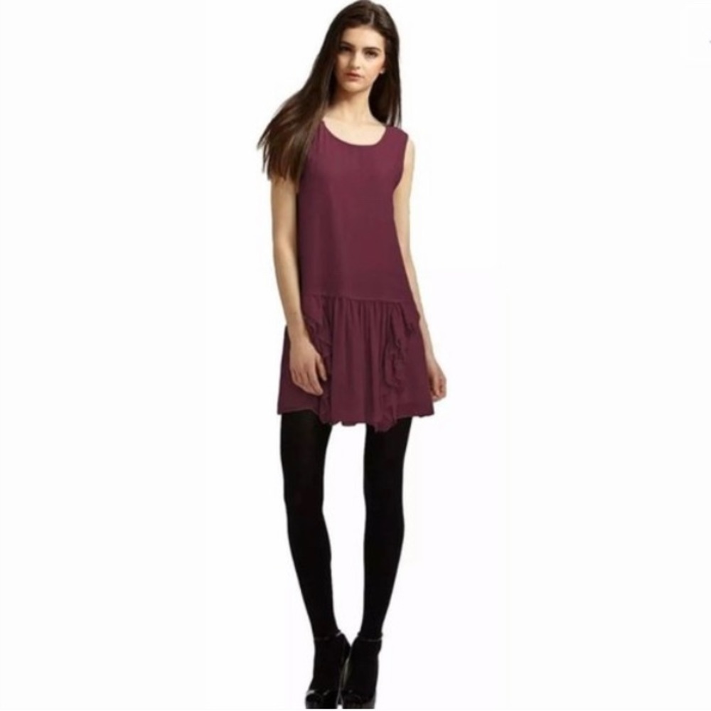 Theory Rinoe Georgette Silk Bordeau Ruffle Drop Waist Sleeveless Dress 8